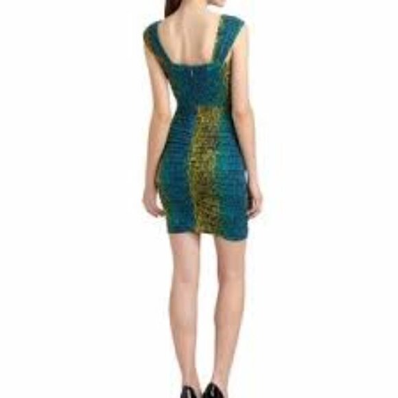 BCBGMaxAzria Ivita Blue/Green/Yellow Snake Print Ruched Bodycon Dress Size Med - Picture 3 of 8